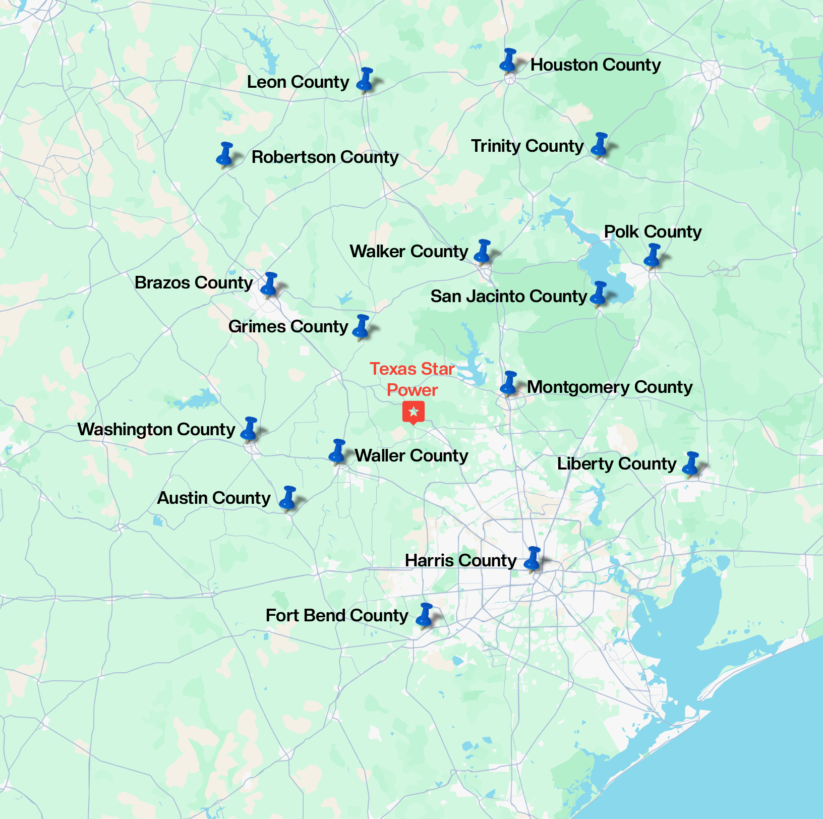 Map of Texas Star Power Houston-area service counties